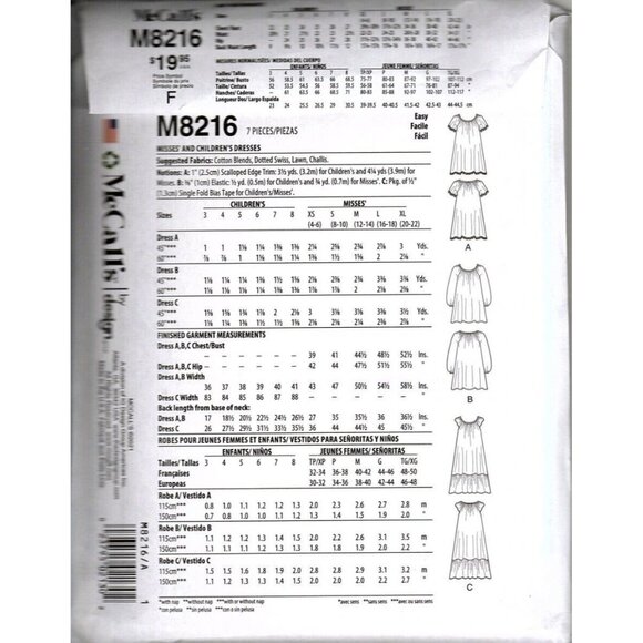 McCalls M8216 Misses XS to L and Girls 3 to 8 Dresses Uncut Sewing Pattern - Picture 2 of 2